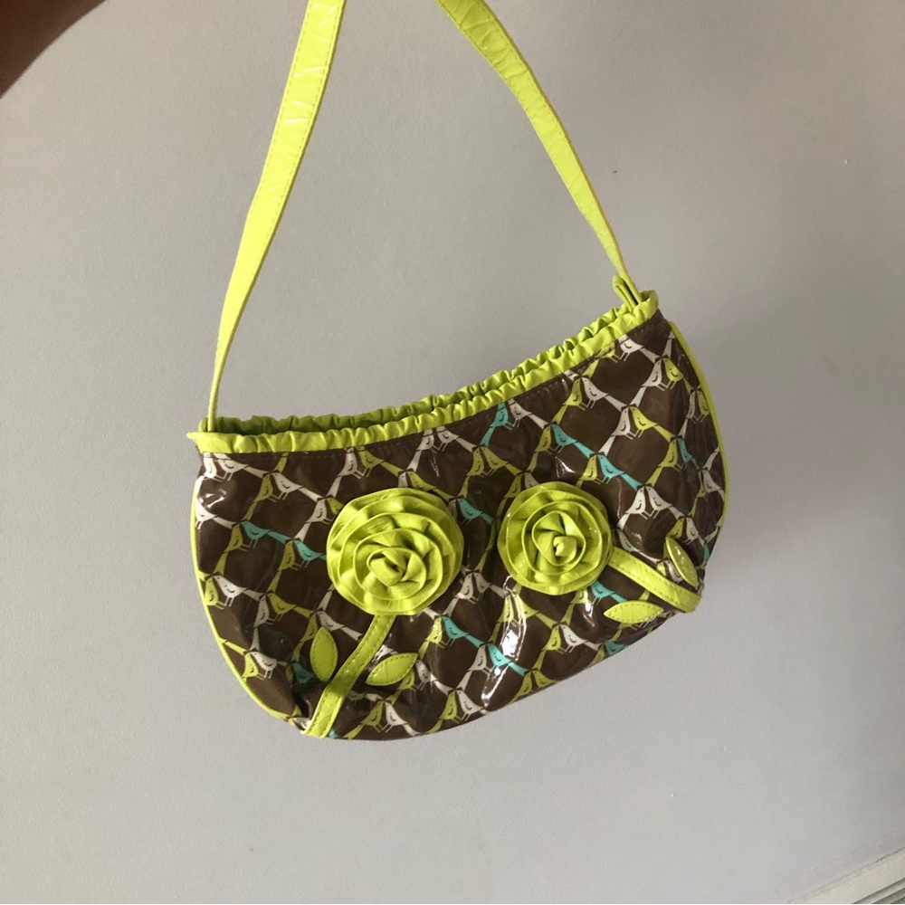 Vera Bradley lime green and brown shoulder bag, vintage style. Vinyl material.